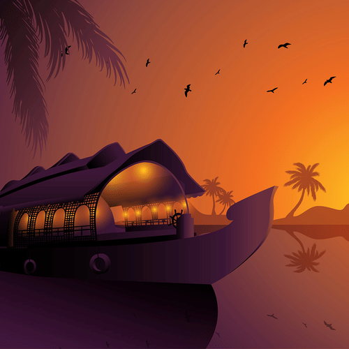 A stylised illustration depicts a houseboat illuminated from within, moored on calm water at sunset with silhouetted palm trees and birds.