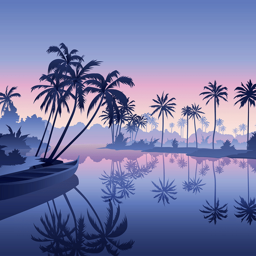 A serene vector illustration depicts a boat on calm, reflective backwaters lined with silhouetted palm trees under a pastel twilight sky.