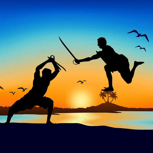 A silhouette illustration depicts two figures engaged in a sword fight on a beach at sunset, with palm trees and birds visible.