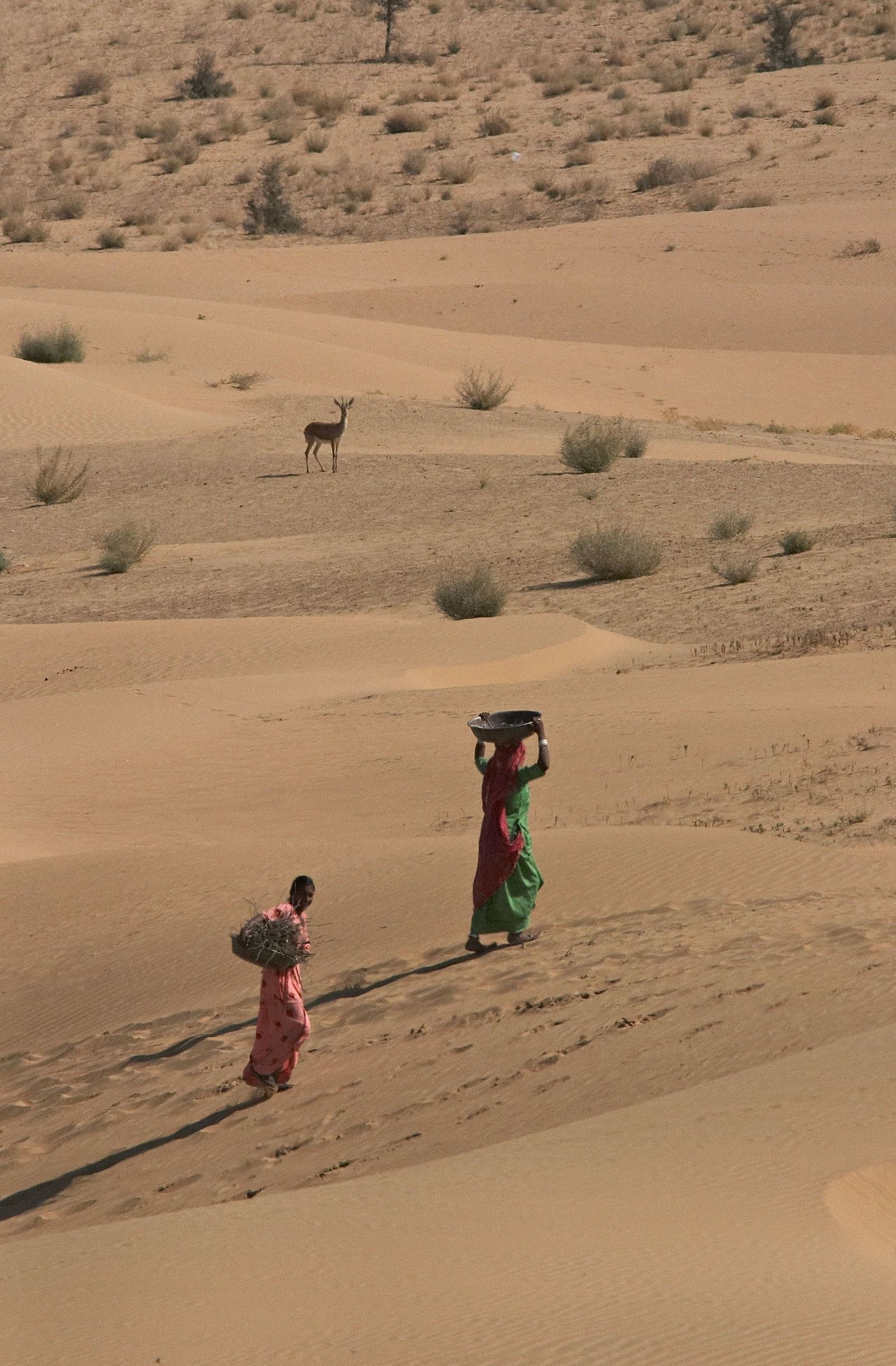 Two people walking across the desert