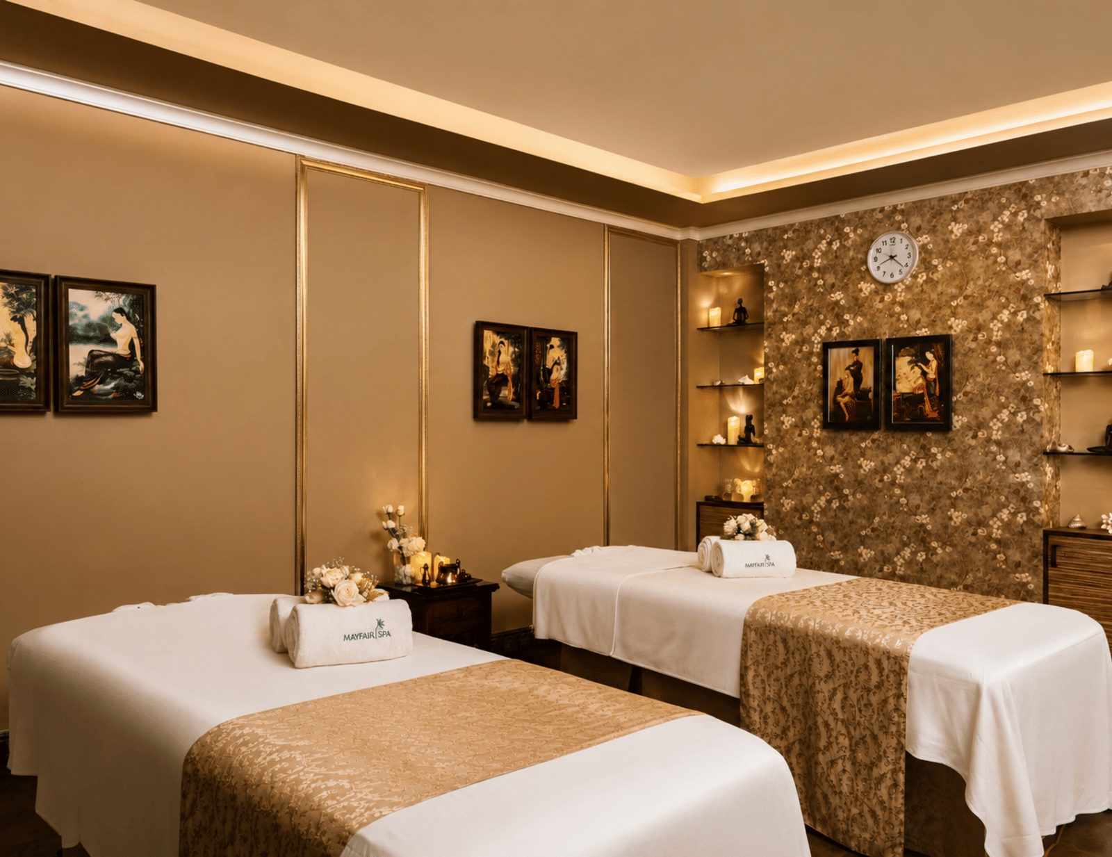 Spa treatment room with two massage beds, folded towels, framed paintings, candles and niche shelving at MAYFAIR Palm Beach Resort, Gopalpur-on-Sea.