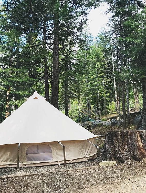 Exterior of a tent at Shaver Lake Village Hotel surrounded by trees.