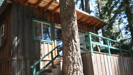 Exterior of Three Persons Cabin featuring a wood pile and a green chair on the porch. - Kit Carson Lodge & Restaurant