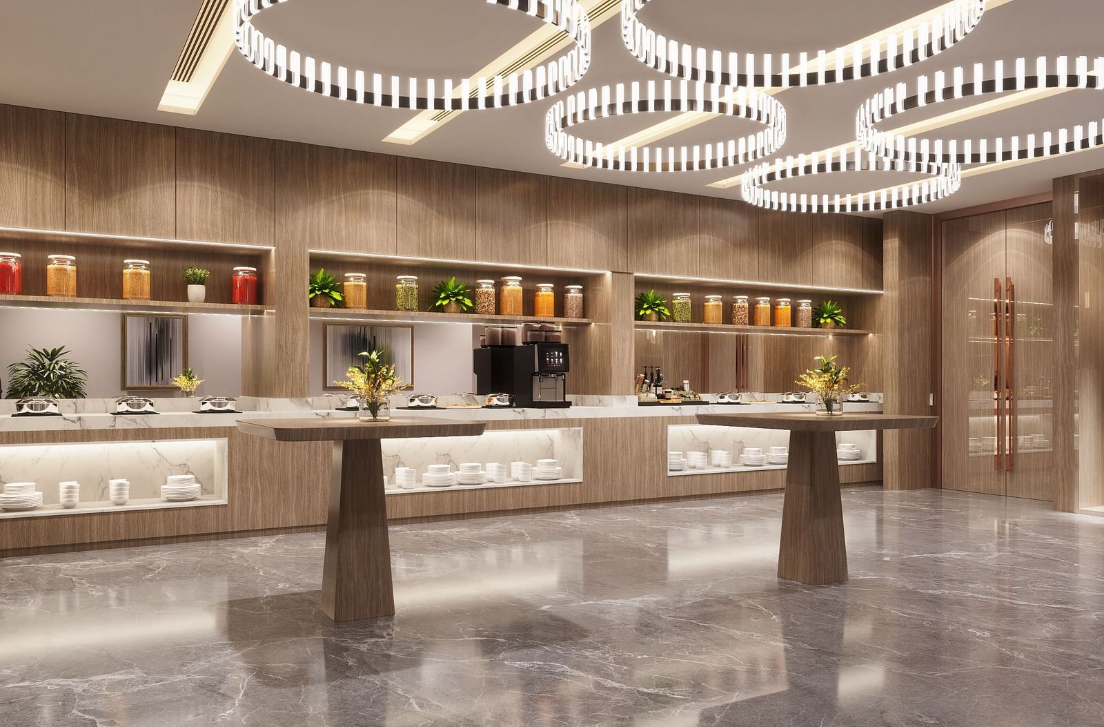 Interior view of a buffet area with serving stations, two tables, and decorative circular lighting overhead.