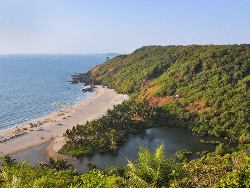 An aerial view of a beach in goa with a forest cover on the hill and a beach on the other side