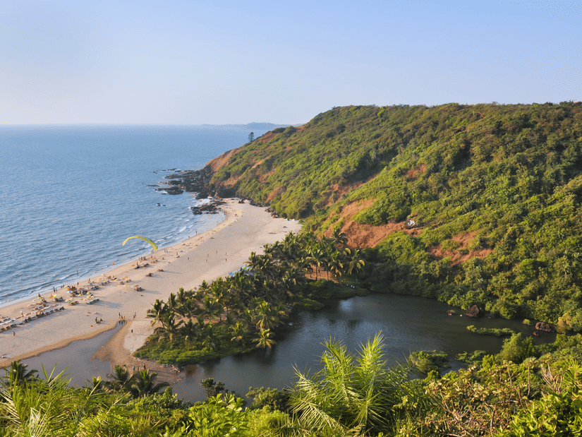 An aerial view of a beach in goa with a forest cover on the hill and a beach on the other side