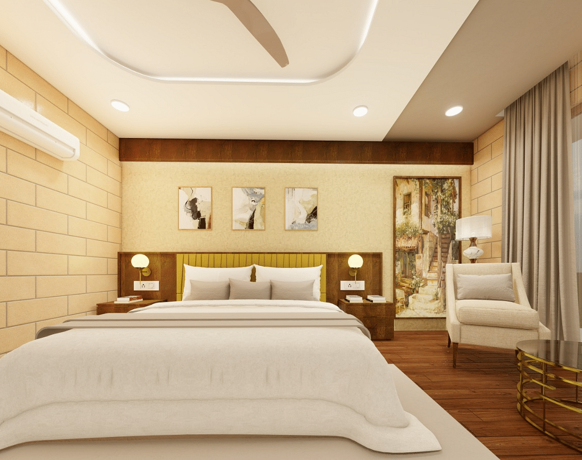 Photo showing the King size bed and plush interiors of the Premium Alphonso Room, at Trishvam Symphony, Krishnagiri