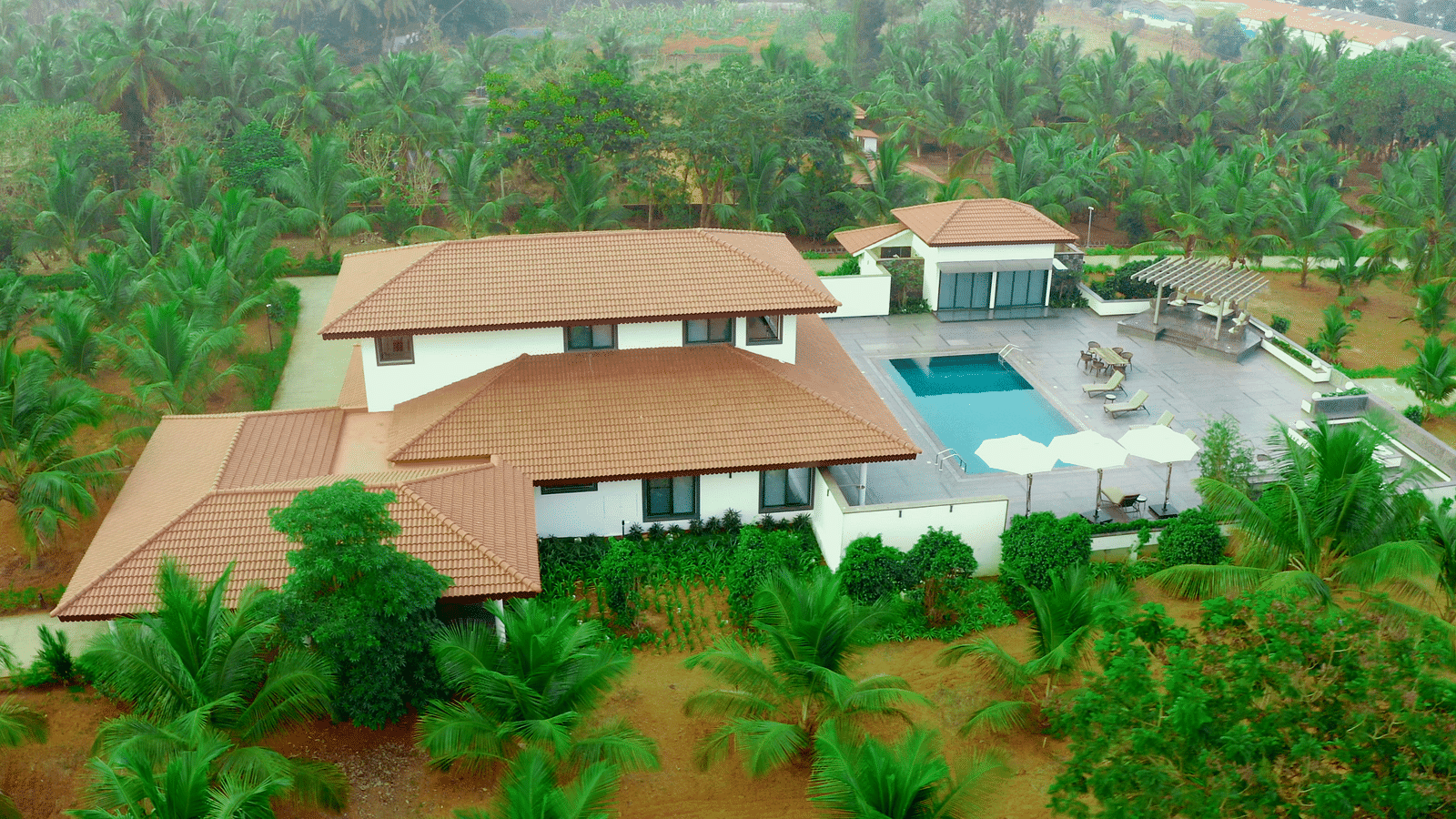 An aerial view of Gamyam Retreat with rooms and swimming pool in view