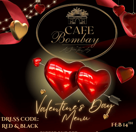 Creative of Cafe Bombay Valentine’s Day menu poster with a romantic red and black theme and heart elements at A Stone’s Throw Away