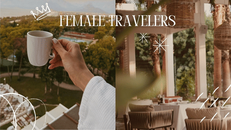 Lifestyle graphic featuring a hand holding a coffee cup with a female traveller theme in the background.