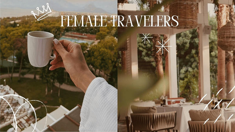 Lifestyle graphic featuring a hand holding a coffee cup with a female traveller theme in the background.