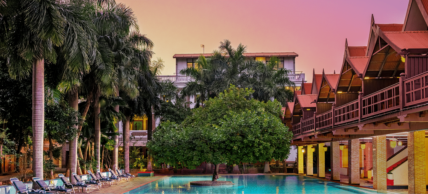 Overview of the swimming pool with a tree in the centre | Mango Hill, Pondicherry