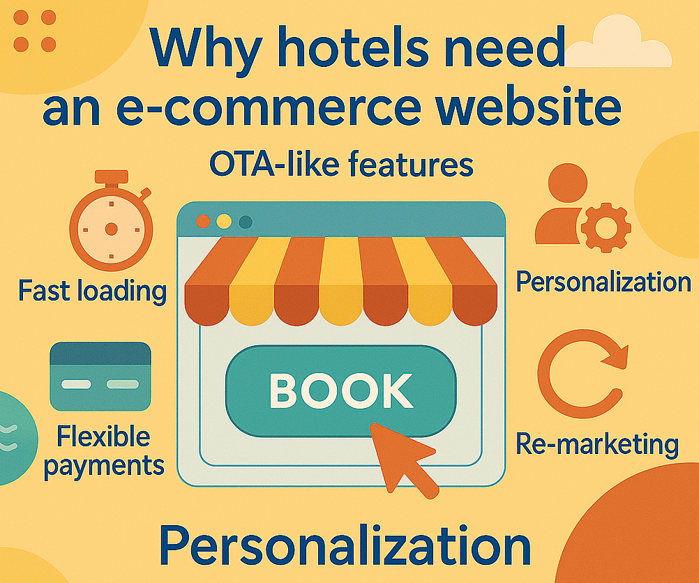 Infographic on hotel e-commerce needs with icons for speed, payments, personalization, and remarketing.