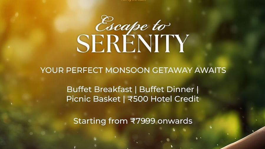 Creative for the Escape to Serenity Package with a hand pushing a yellow paper boat on water, with a blurred backdrop of green foliage and a golden glow. The text lists inclusions and booking details.