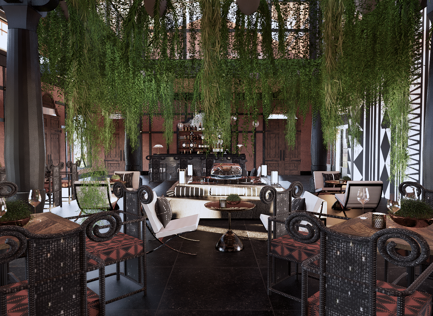 A lounge area with tables and chairs, hanging plants, and a bar counter in the background - Rhino and River BluSalzz Collection, Pobitora