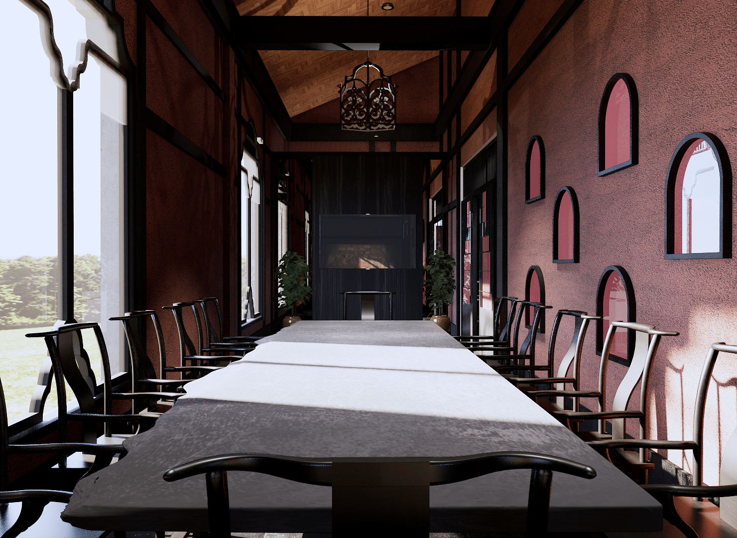 A long dining table with chairs, set in a room with arched windows and decorative wall cutouts - Rhino and River BluSalzz Collection, Pobitora