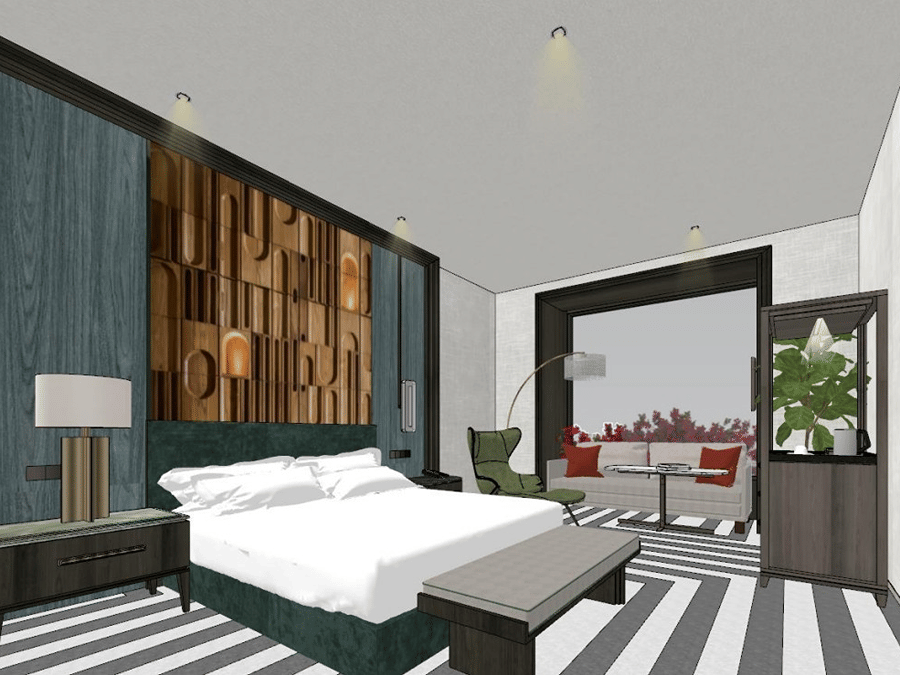 3D interior concept of a bedroom suite at The Residency Signature Madurai showing a king bed, striped rug, wooden feature wall, and a large window.