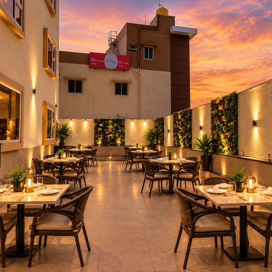 Outdoor rooftop dining area with arranged tables and chairs under twilight sky at Bhavani's Vista By Icon, Hosur.   