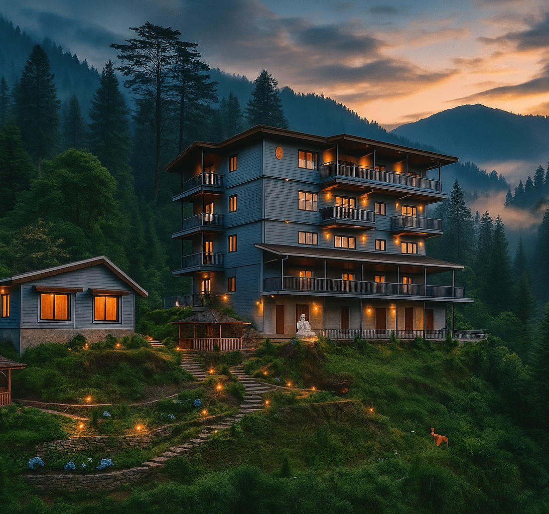 The exterior of Summit Enigma Resort and Spa at dusk or dawn, with warm lights illuminating the building against a dramatic sky, highlighting its inviting ambience.