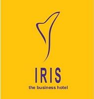 Logo of Iris Hotel in purple with yellow background