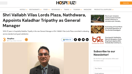 An article by Hospibuz showcasing Shri Vallabh Vilas Lords Plaza, Nathdwara, Appoints Kaladhar Tripathy as General Manager.