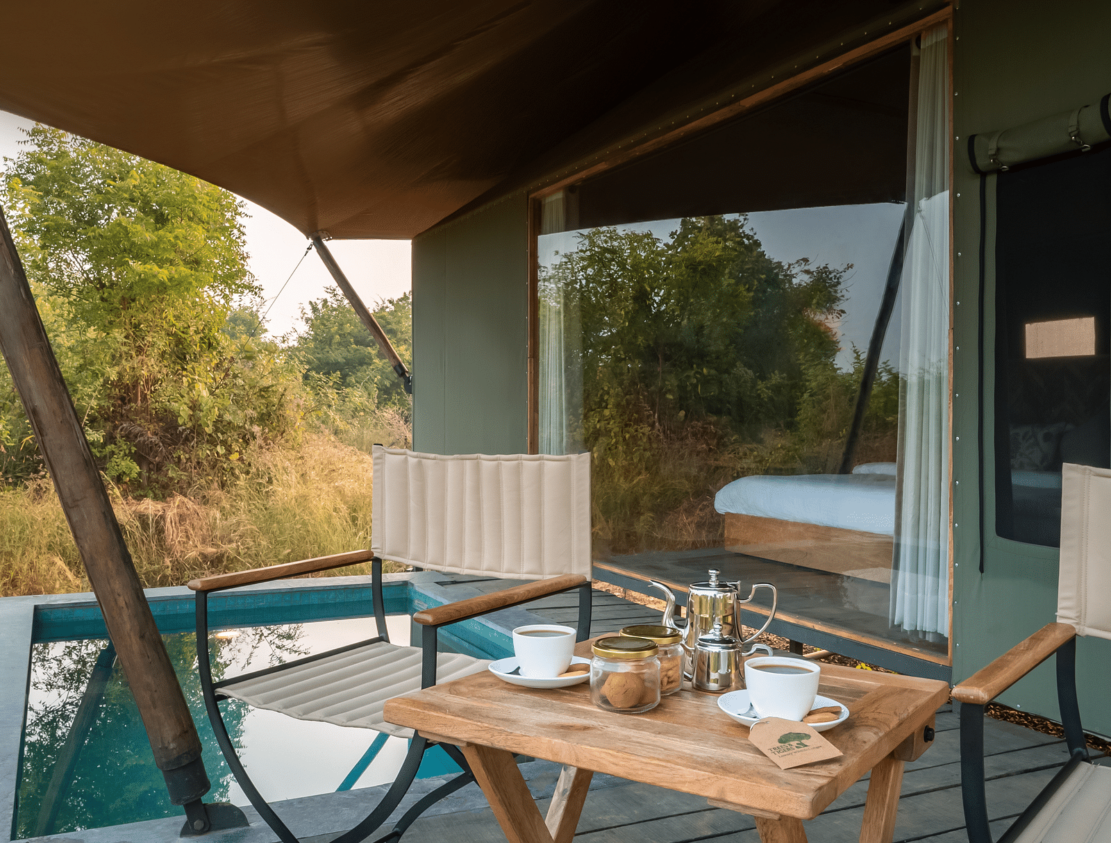 A dining setup in a tent at Trees N Tigers, Tadoba.