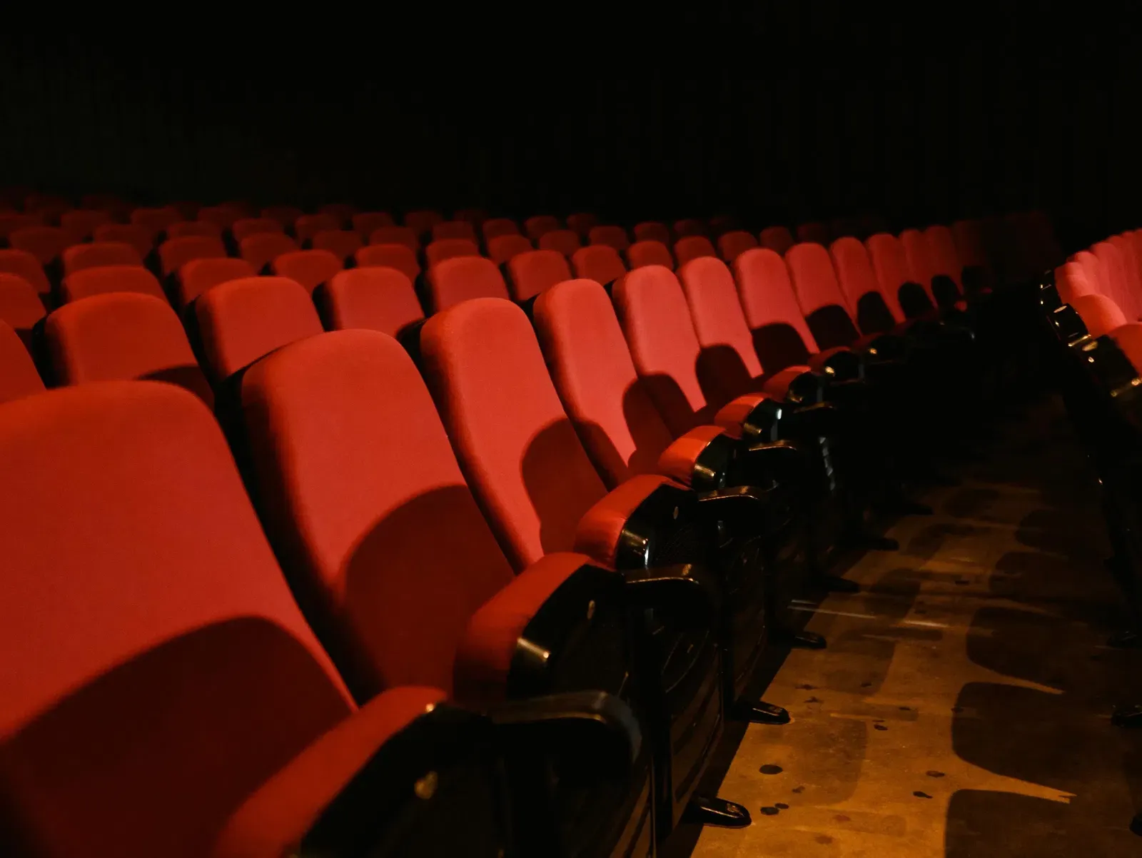 Empty red cinema seats receding into the darkness of a movie theatre.