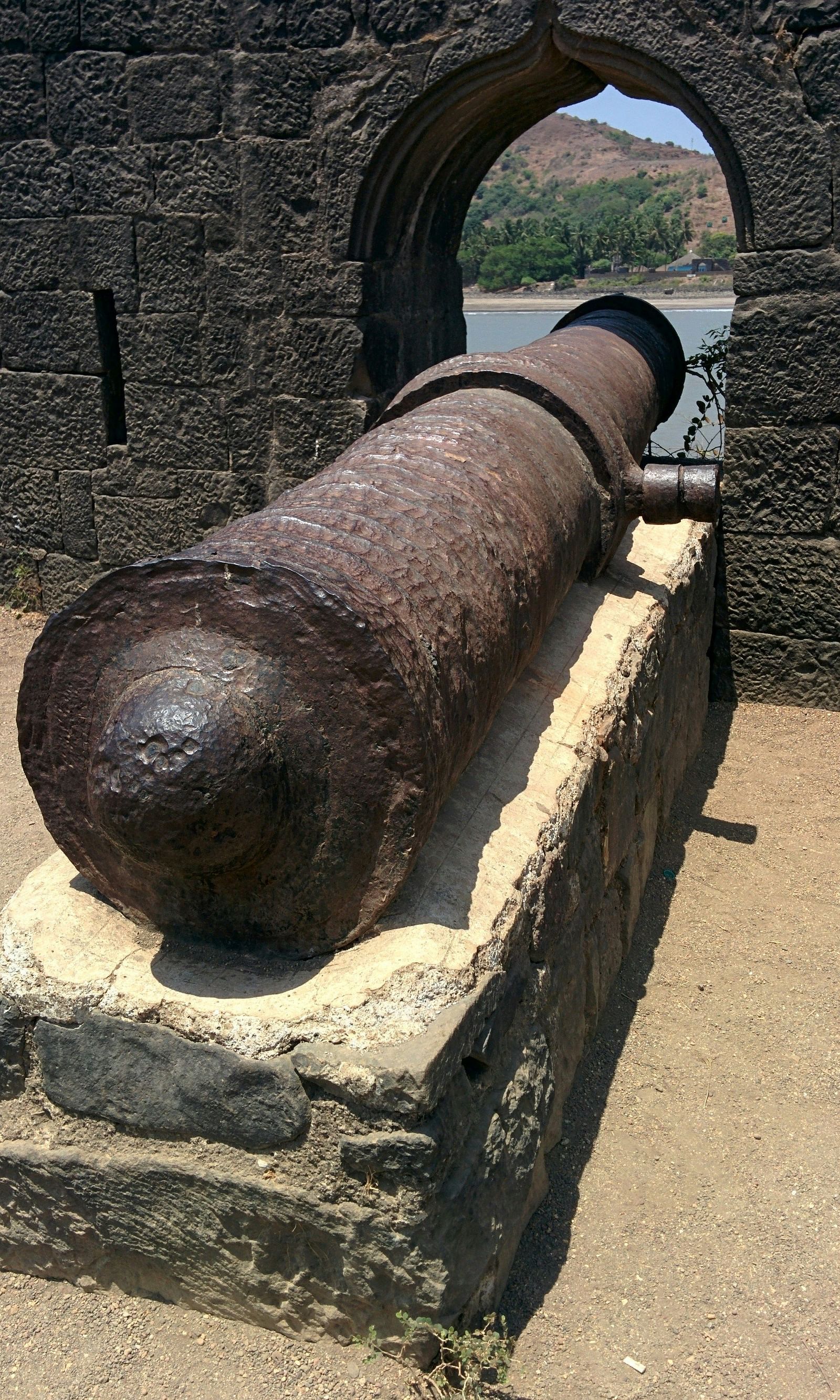 Ancient  fort view with ancient weapons.