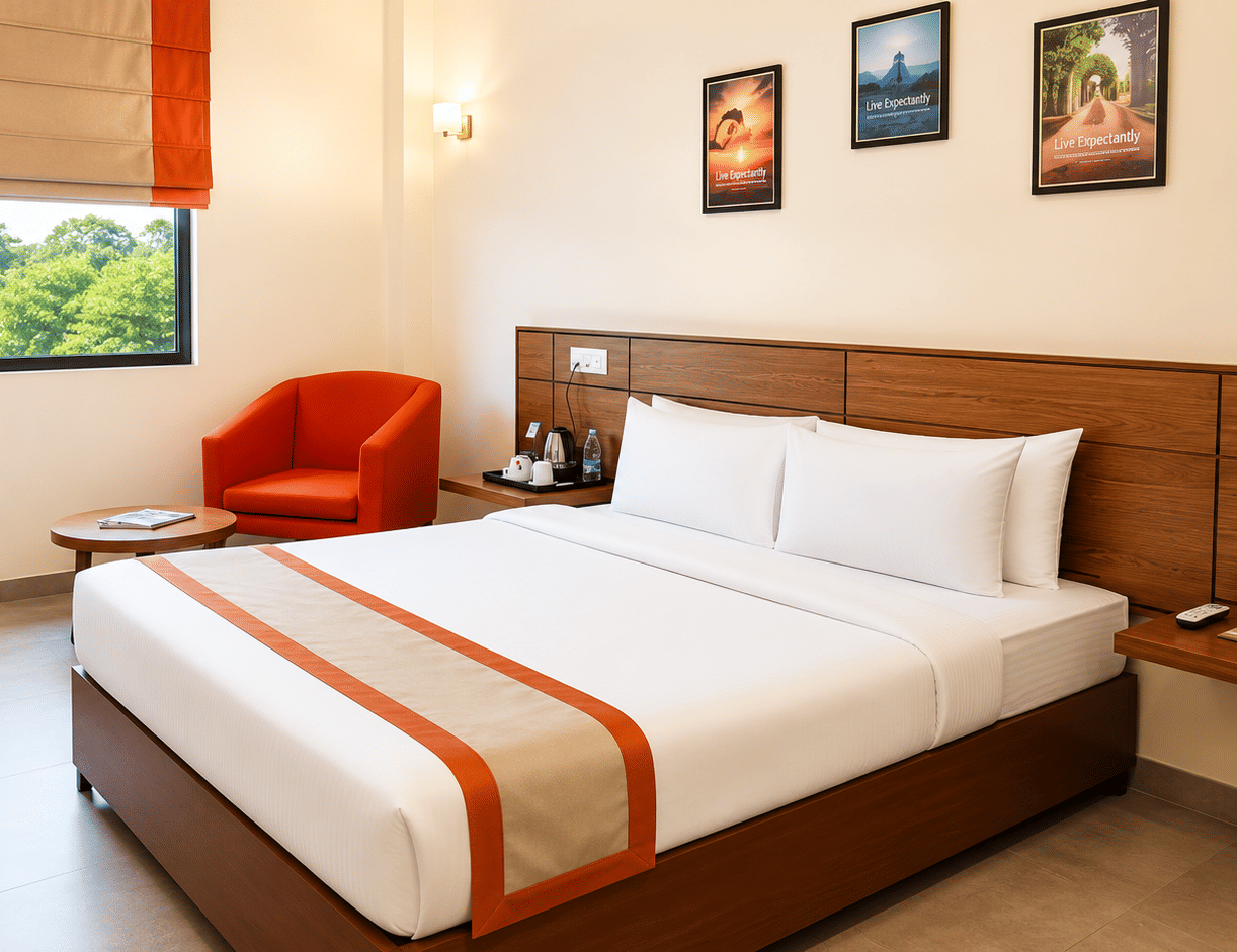 Max Queen Room at Max Hotel Jabalpur featuring a queen size bed, bedside tables and large windows with natural light.