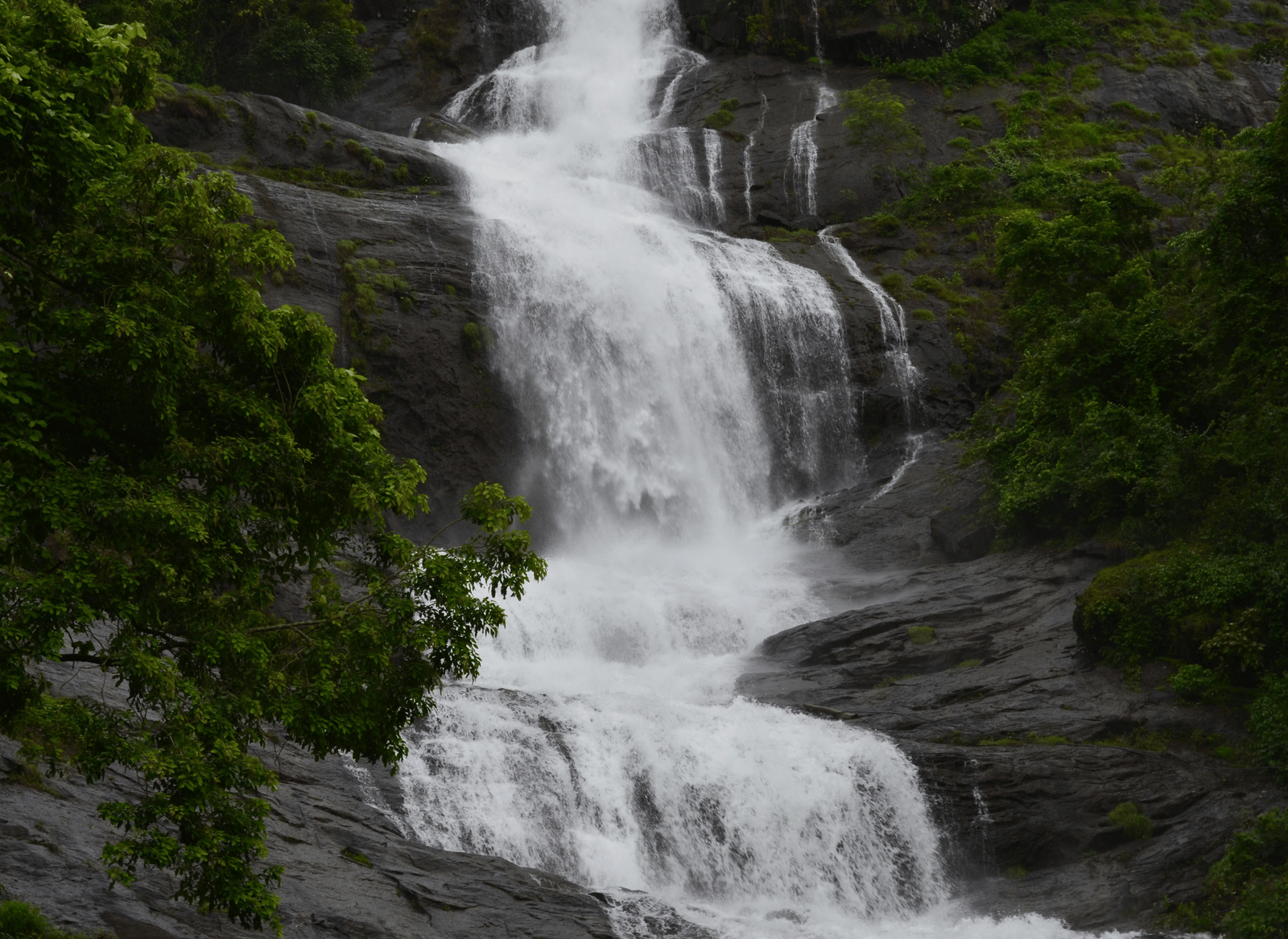 A waterfall cascading down dark, rocky terrain, framed on both sides by green foliage, and trees.