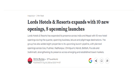 News article snippet headline reading Lords Hotels & Resorts expands with 10 new openings, 5 upcoming launches.