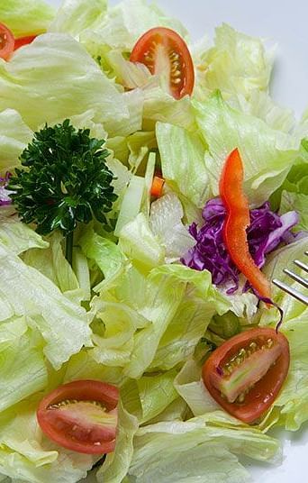 A close-up of a salad with lettuce, tomatoes, and herbs - Shreyas Retreat