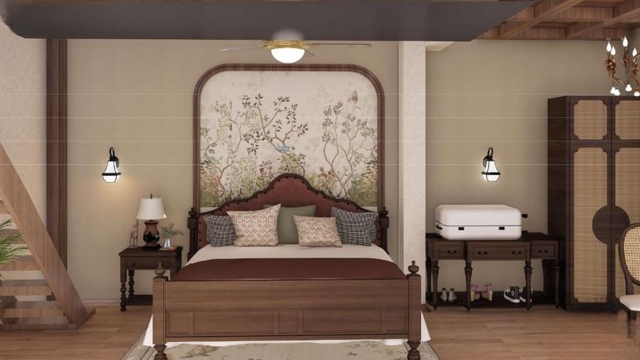 Elegant bedroom with a tapestry-style headboard, dark wood furniture, and soft, neutral wall colours at BluSalzz Terrah Hills Resort, Dalhousie.