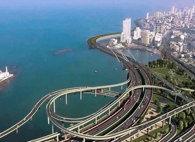 Aerial view of the Mumbai Coastal Road, a freeway along the Arabian Sea coastline.