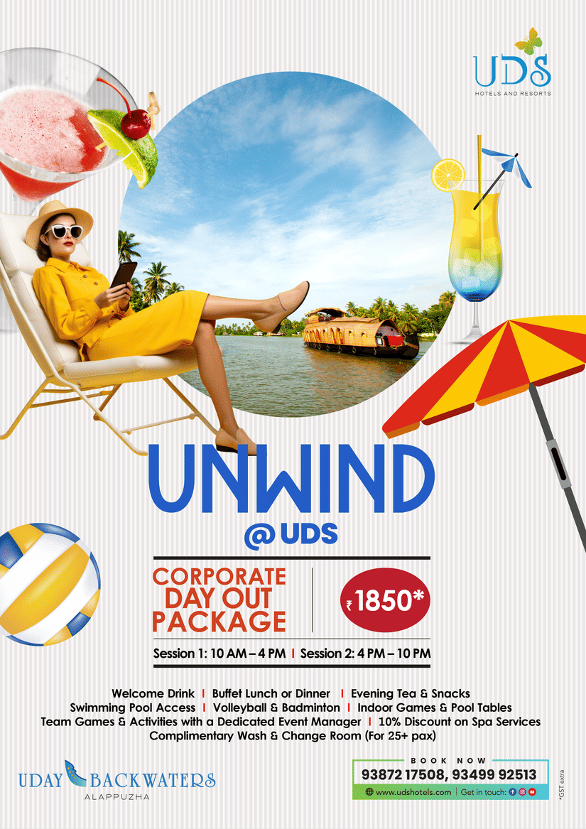 Unwind corporate day-out package at Uday Waters & Resorts priced at INR 1,850, featuring a woman relaxing poolside with drinks overlooking serene backwaters, highlighting inclusions, session timings, and contact details for bookings.