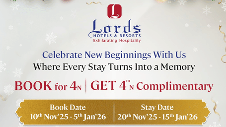 Festive Lords Hotels & Resorts banner showcasing a Book 4N, Get 4th Night Complimentary offer, with holiday decor and two hands toasting with champagne.
