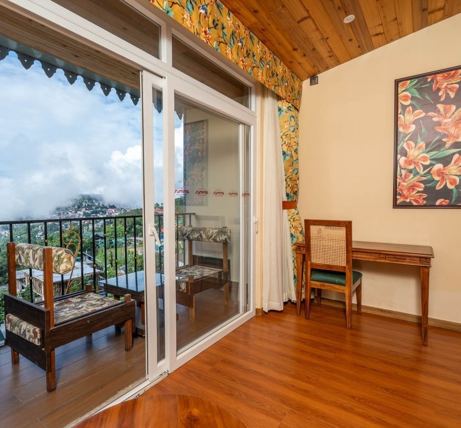 View of the mountains from a balcony of a room at Summit Barsana Resort & Spa, Kalimpong