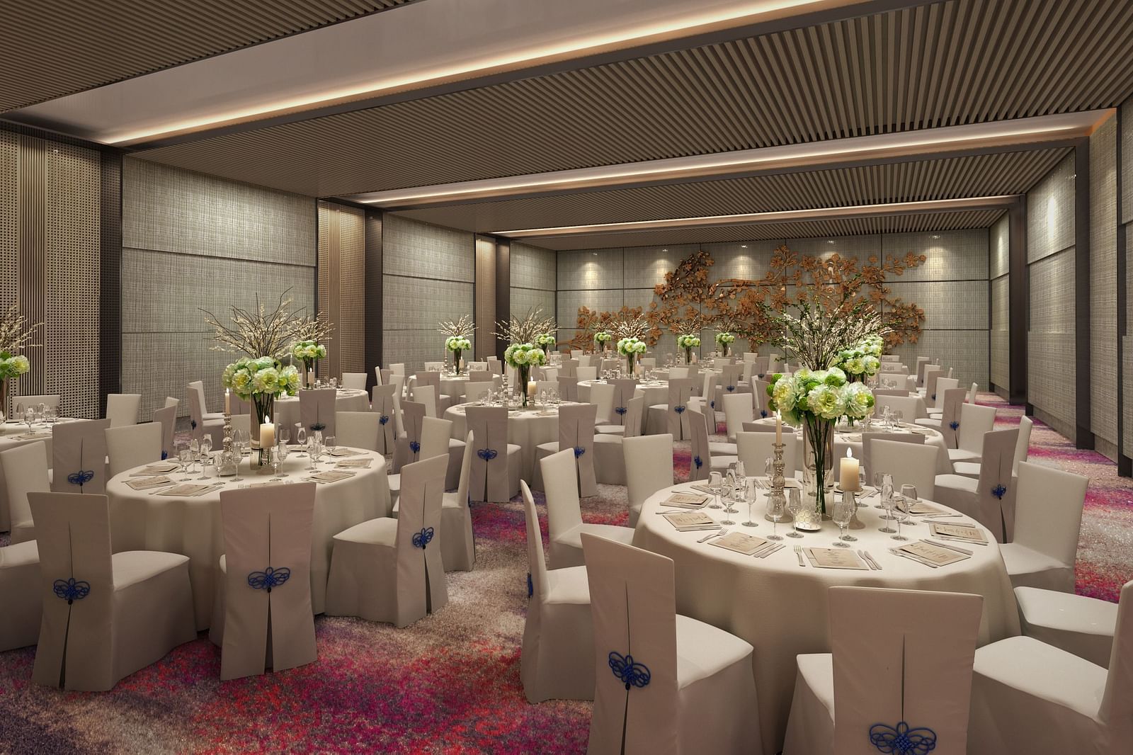 round table seating arrangements with bouquets and cutlery kept on the table inside the 2nd Floor Hall 1 - Rhythm Gurugram