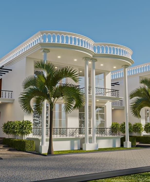 Corner view of a building with tall pillars supporting the roof from the ceiling.
