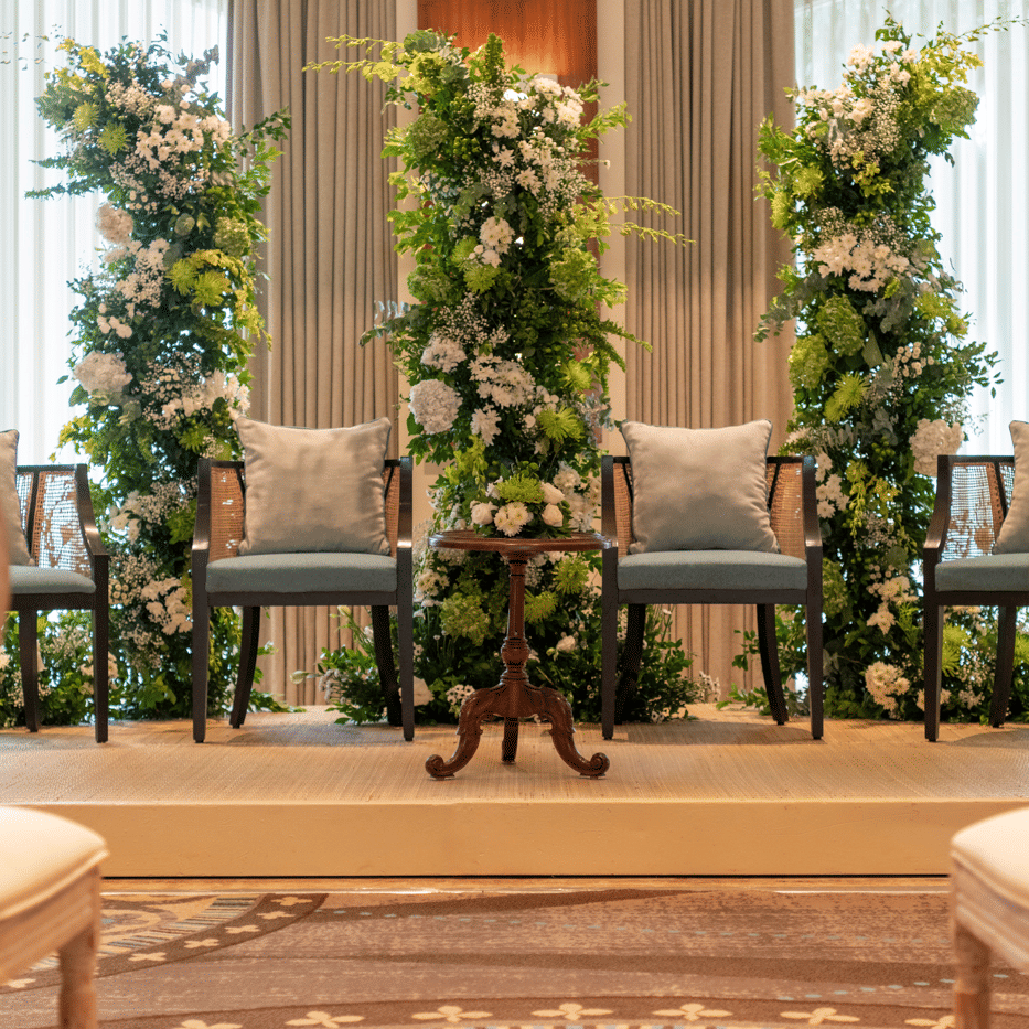 Indoor seating area with two chairs and plants near large windows at The Raintree, St. Mary’s Road.