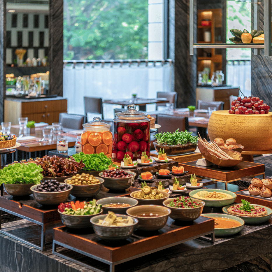 Buffet setup with various dishes and dining tables at The Raintree, St. Mary’s Road.