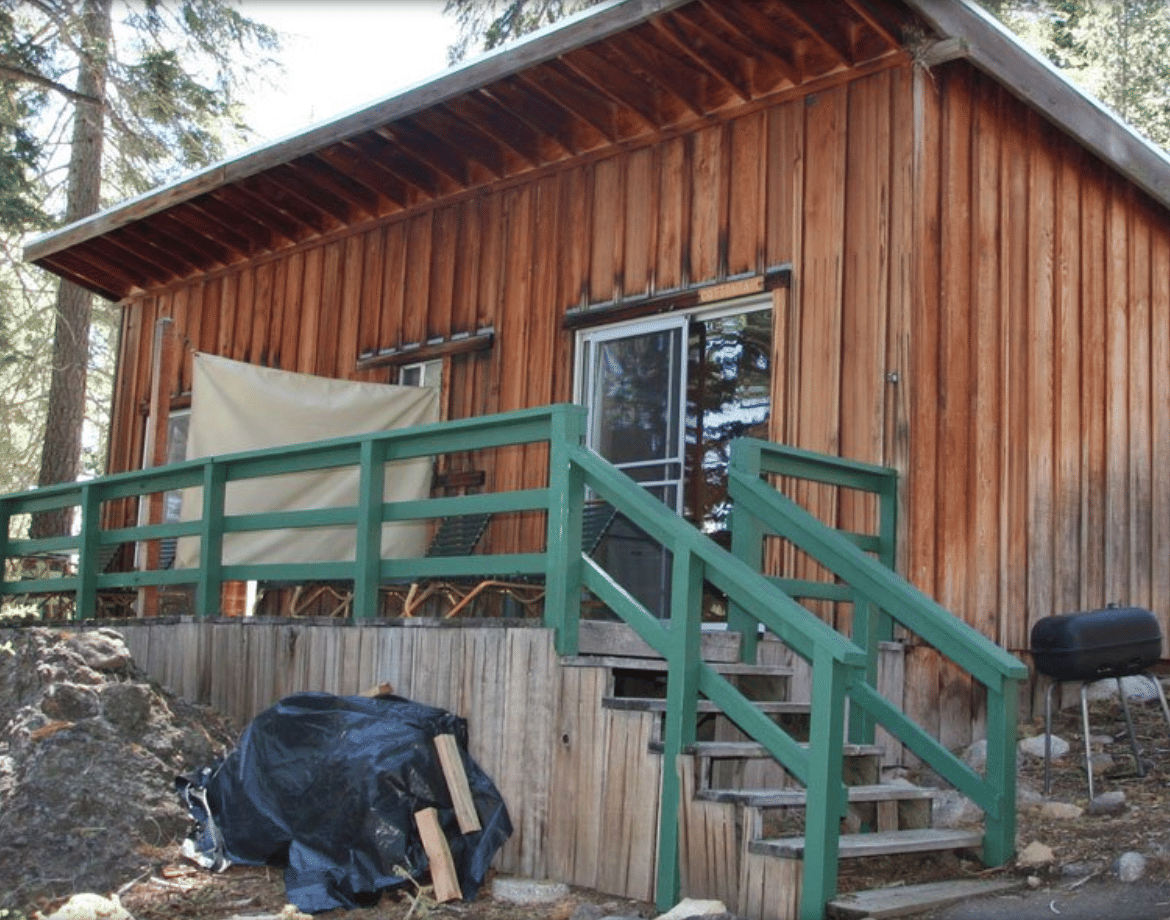 A rustic wooden cabin with a green staircase leading to a porch, surrounded by trees | Cottontail