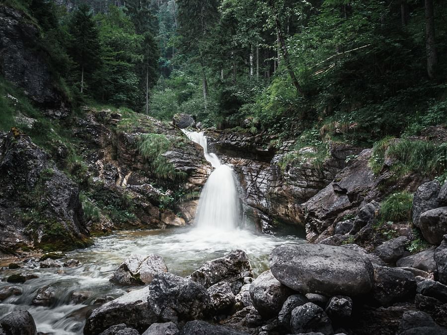 an image of cascading waterfall amidst a forest flowing into water body covered in rocks