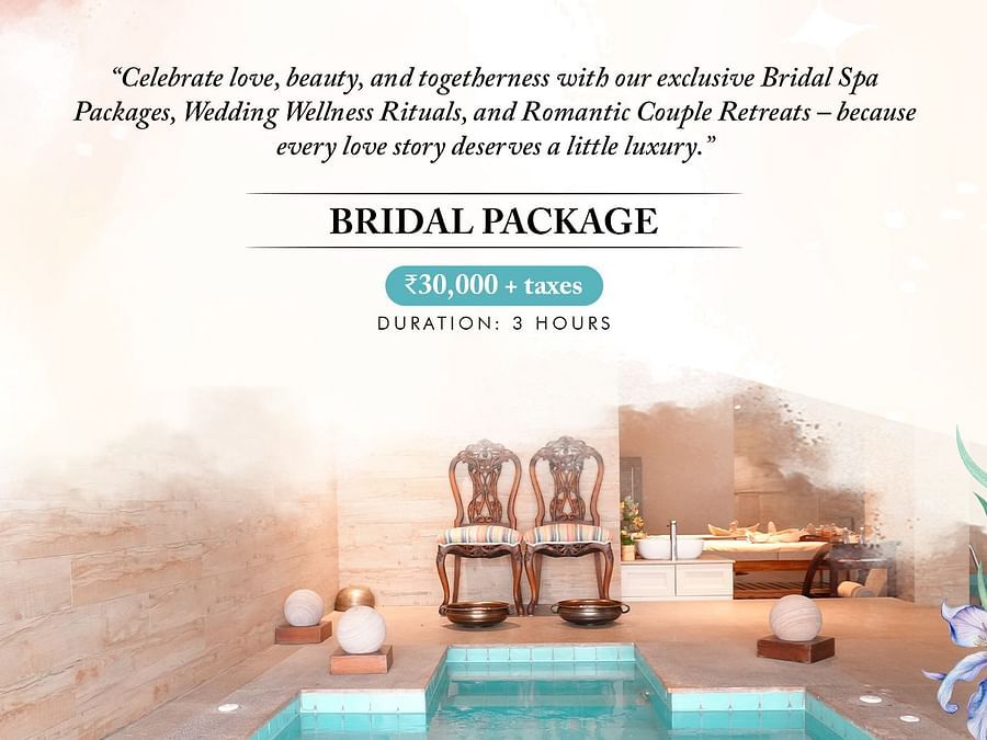 An elegant bridal package in Bengaluru, showcasing a serene spa setting with plush seating, candles, and a tranquil ambiance for pre-wedding pampering.