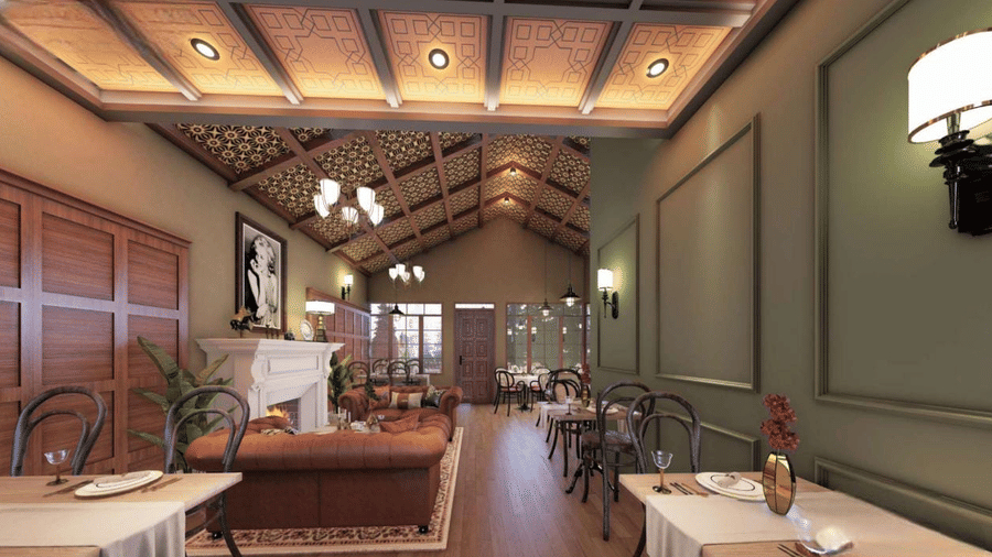 Elegant restaurant interior with a vaulted woven ceiling, classic panelling, and formal dining tables under warm lighting at BluSalzz Terrah Hills Resort, Dalhousie.