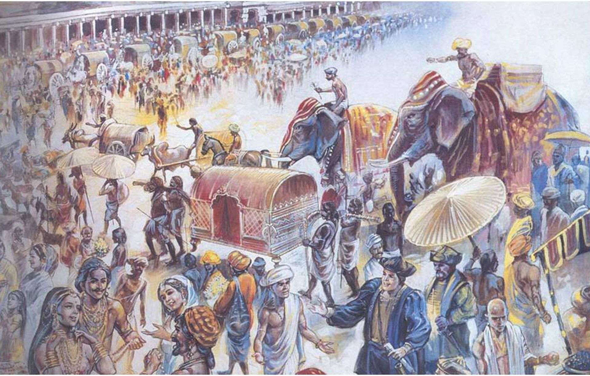 Grand procession with elephants and carts, Hampi bazaar.