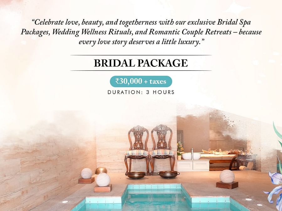 An elegant bridal package in Bengaluru, showcasing a serene spa setting with plush seating, candles, and a tranquil ambiance for pre-wedding pampering.