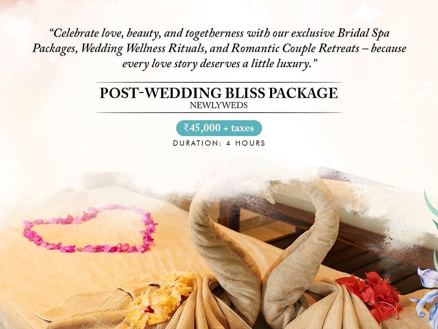 A 'Post-Wedding Bliss Package' in Bengaluru, displaying a romantically decorated spa bed with rose petals forming a heart, suggesting ultimate relaxation for newlyweds.