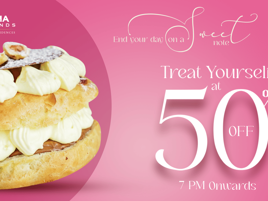Happy Hour banner showcasing the the 50% offer and a dessert - Karma Lakelands.