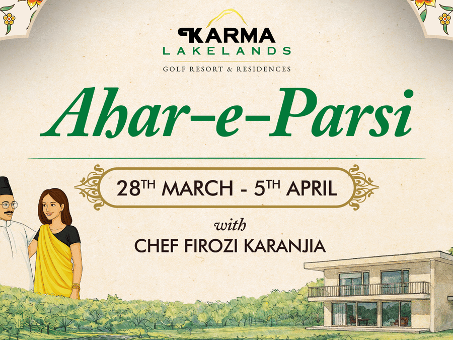 Promotional poster for Ahar-e-Parsi at Karma Lakelands Golf Resort & Residences, featuring Chef Firozi Karanjia, with decorative lanterns, floral motifs, and illustrations of a couple in traditional attire alongside a modern building surrounded by greenery